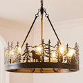 9-Light Rustic Farmhouse Chandelier Black Wagon Wheel Pendant Light Fixture 23.6” Round Vintage Bear Chandelier