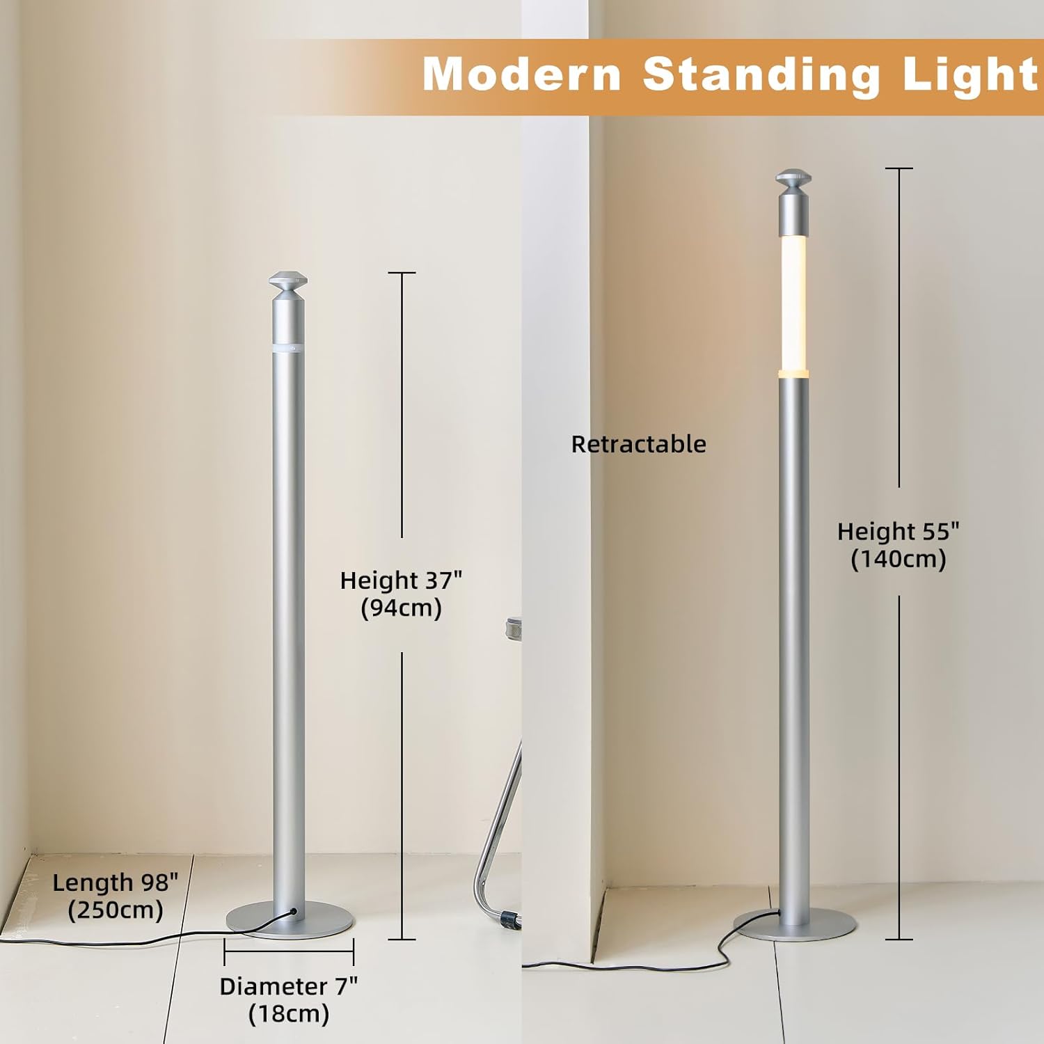 CASAGD LED Corner Floor Lamp with Touch Control Adjustable Height Minimalist Standing Lamp