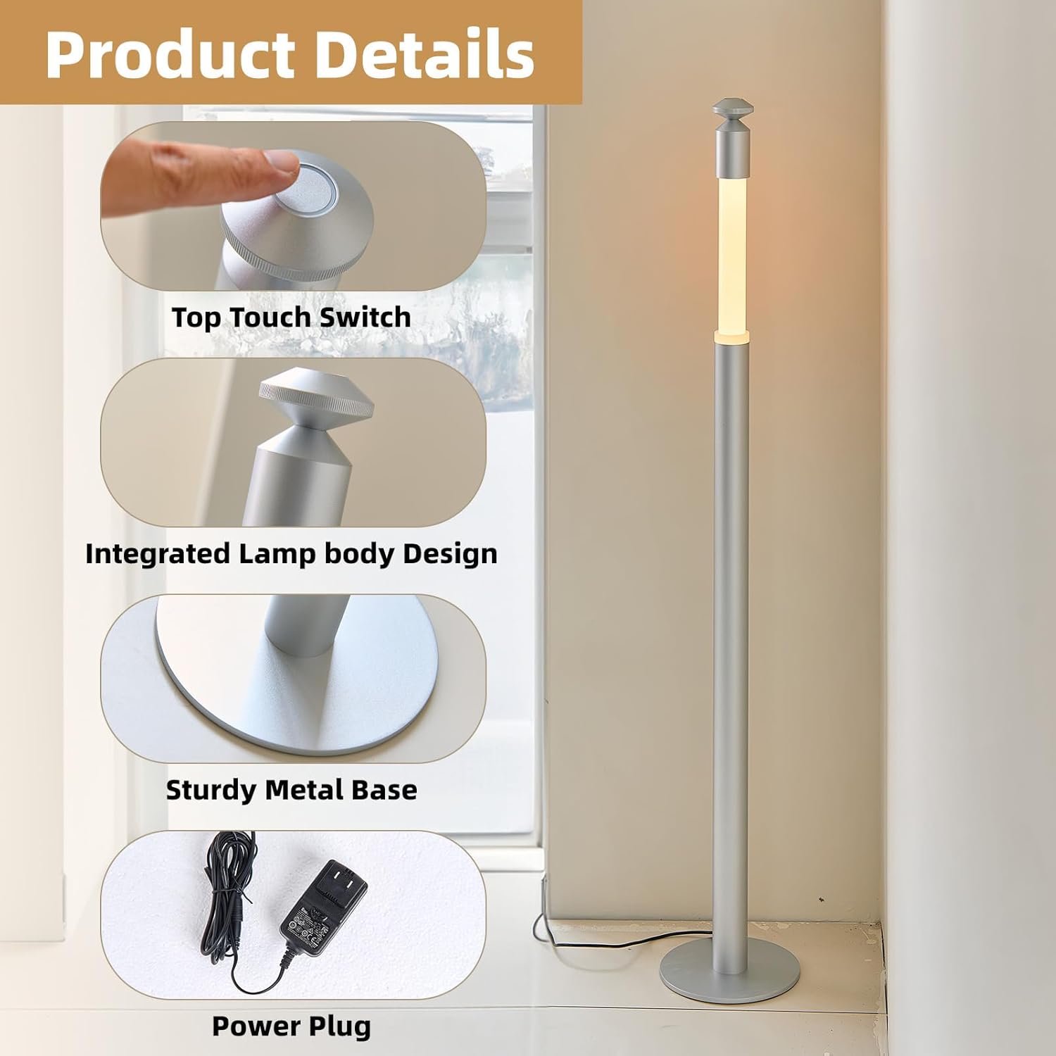 CASAGD LED Corner Floor Lamp with Touch Control Adjustable Height Minimalist Standing Lamp