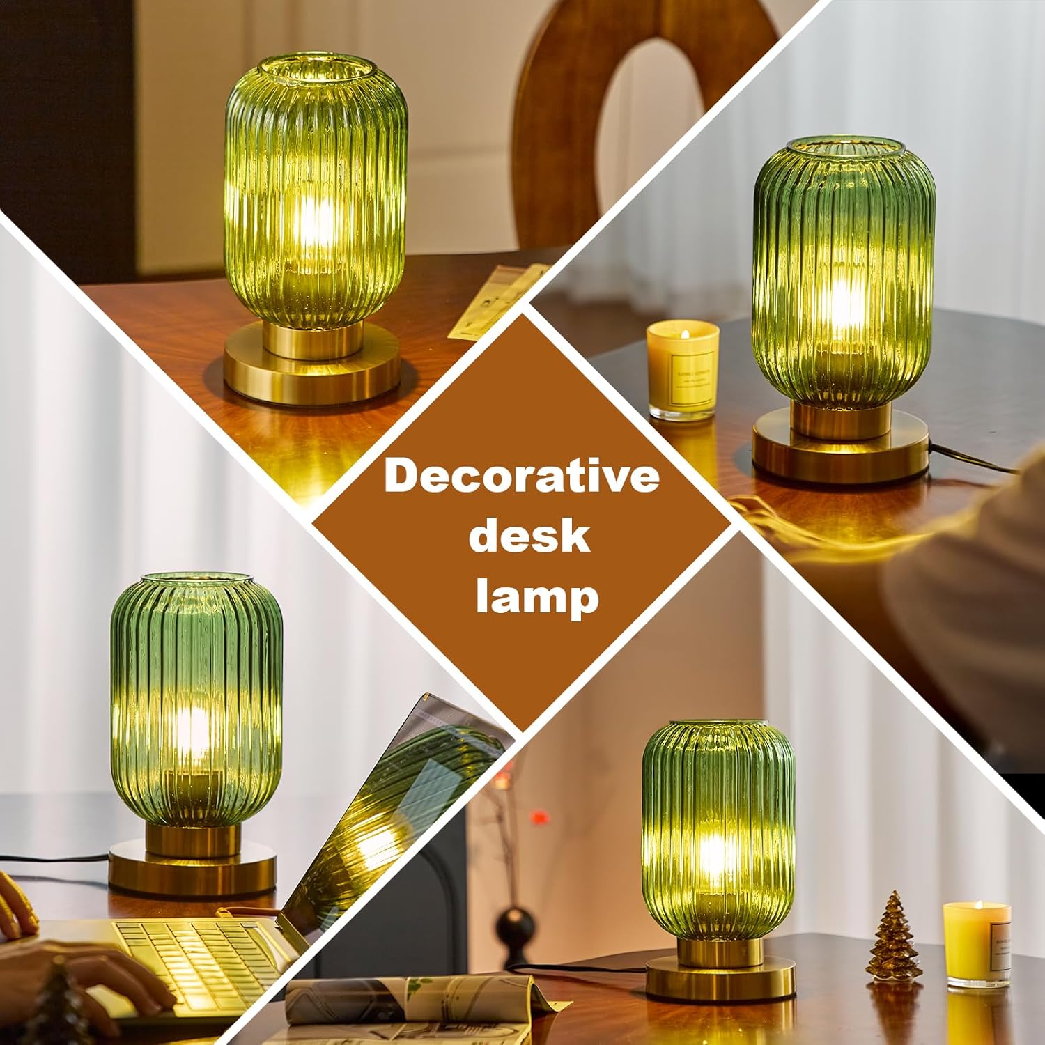 Bedside Table Lamp with Green Glass Shade