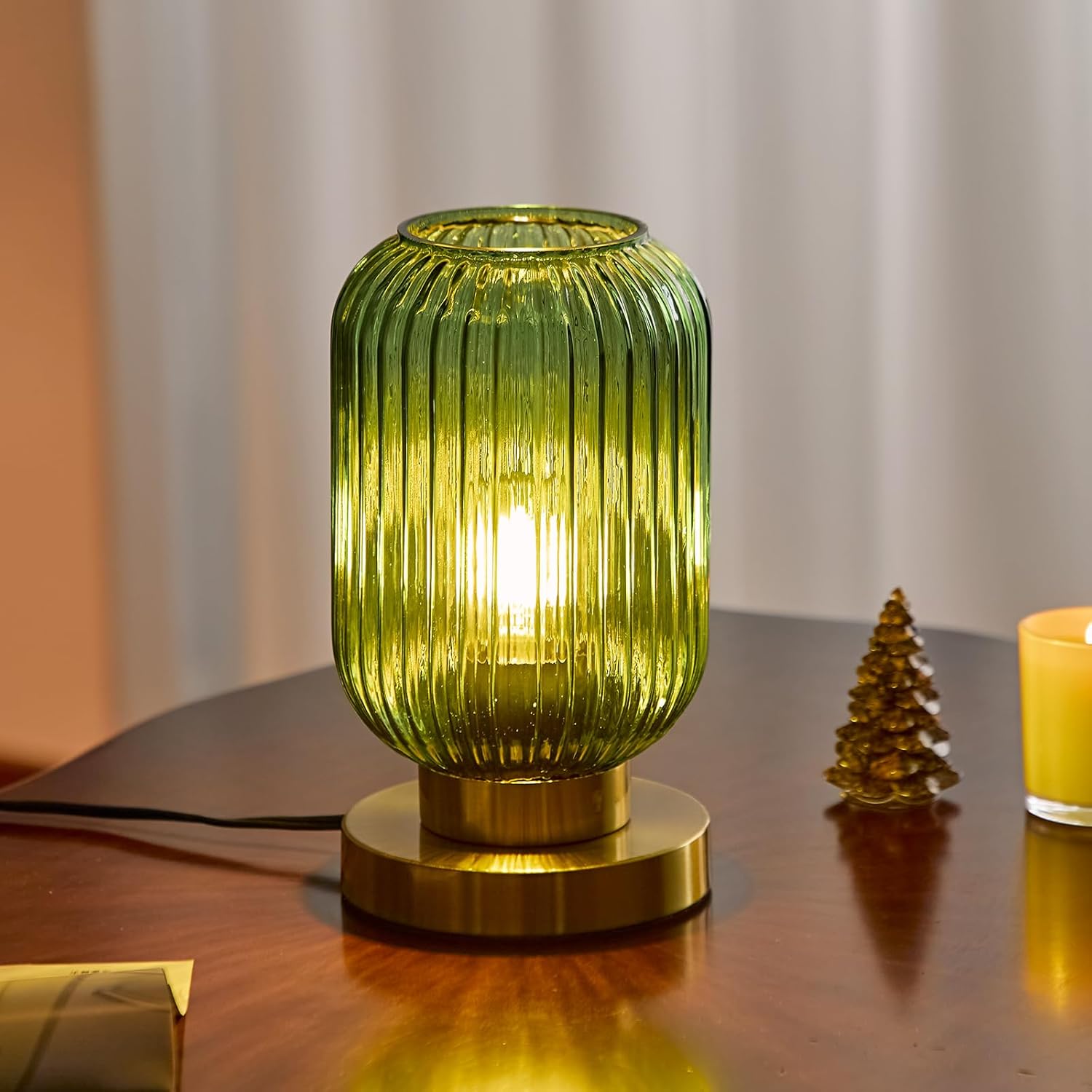 Bedside Table Lamp with Green Glass Shade