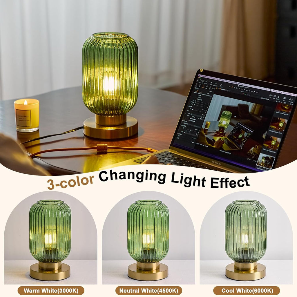 Bedside Table Lamp with Green Glass Shade
