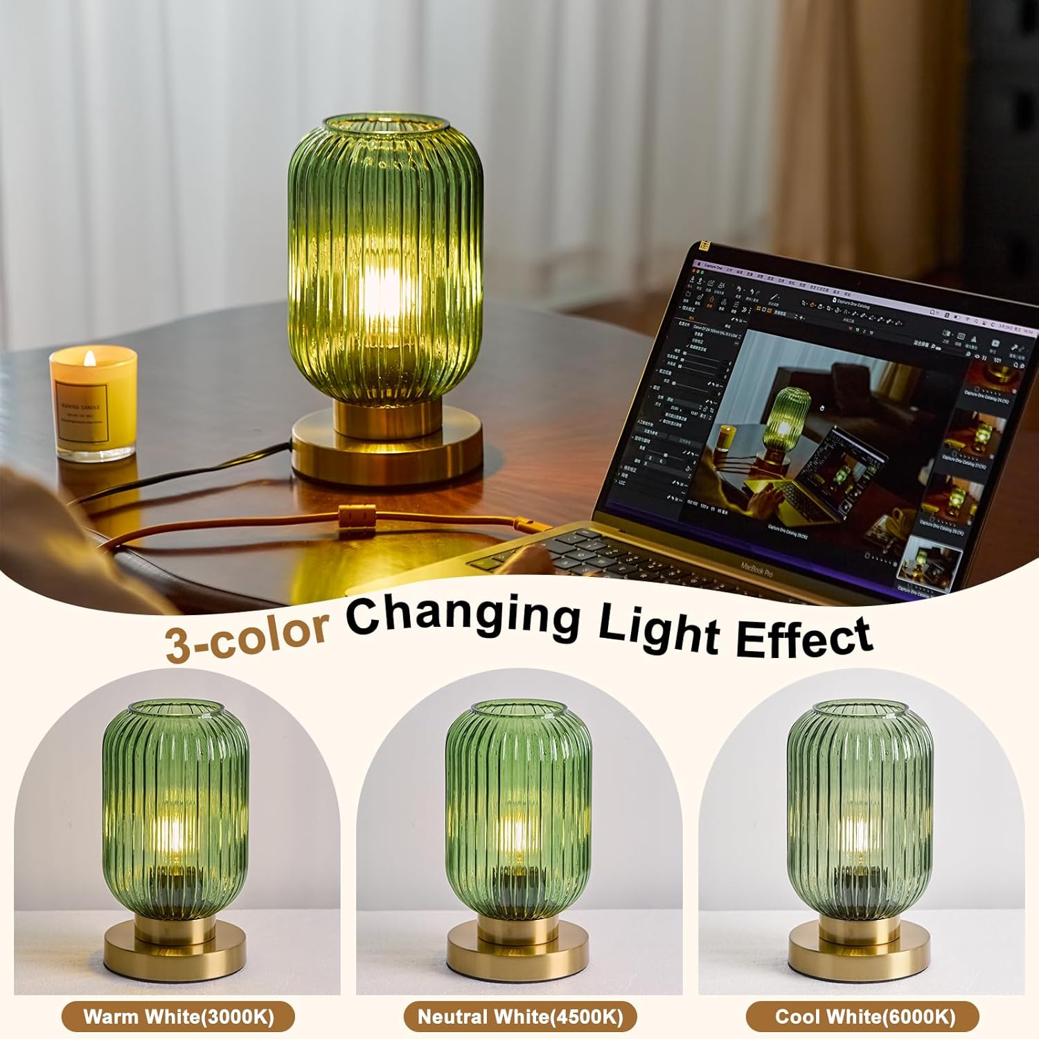 Bedside Table Lamp with Green Glass Shade
