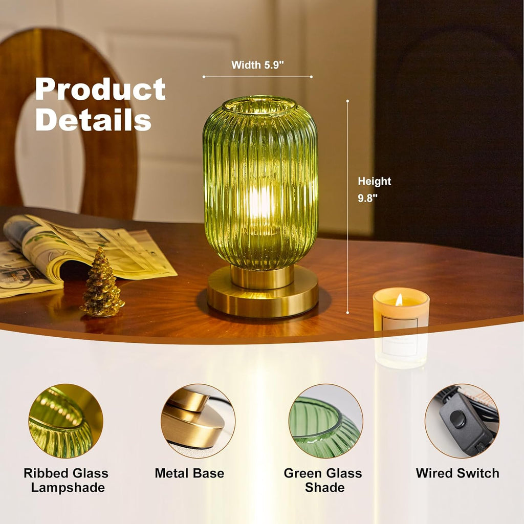 Bedside Table Lamp with Green Glass Shade