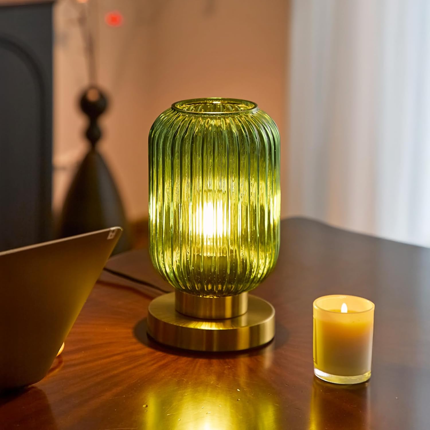 Bedside Table Lamp with Green Glass Shade