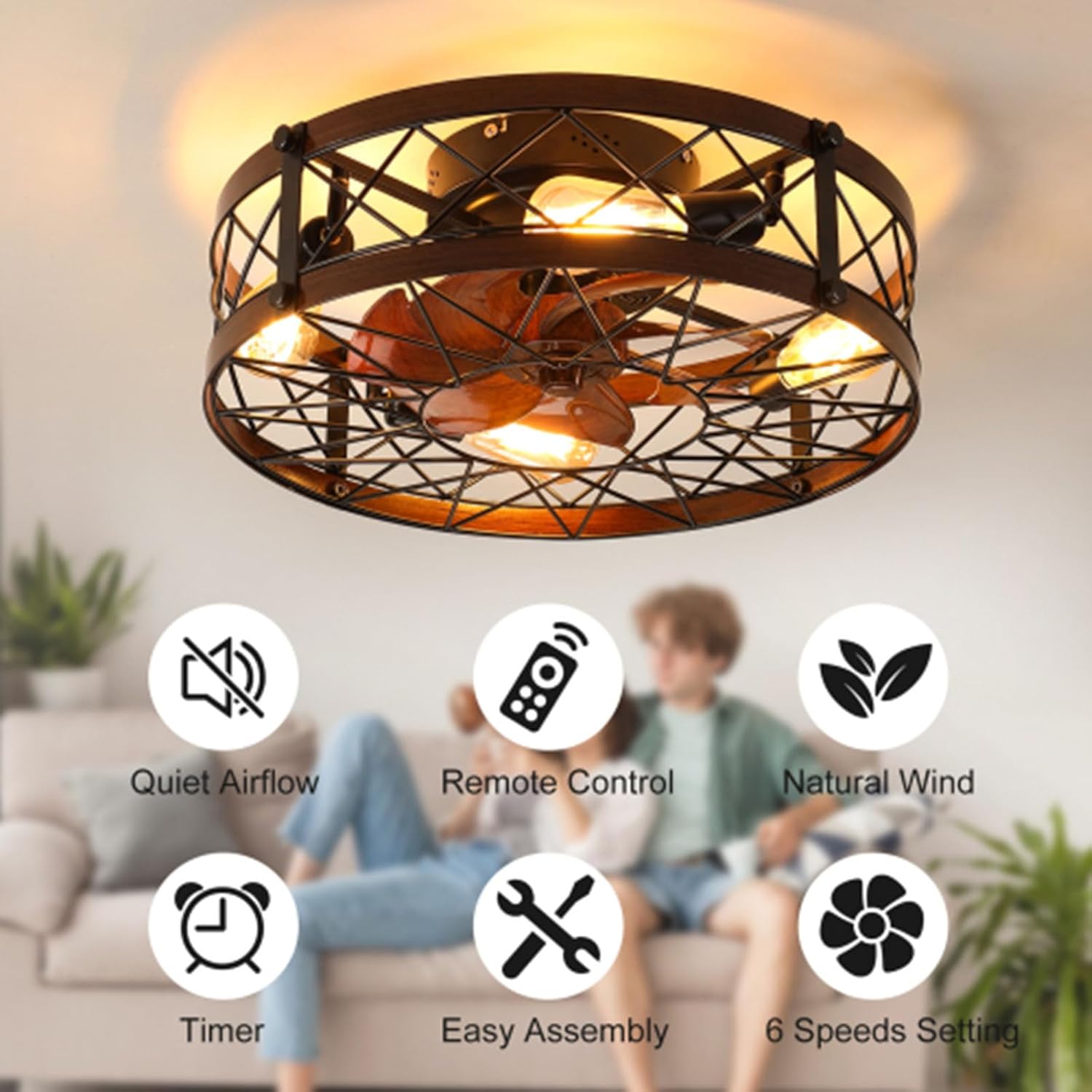 20" Industrial Cage Ceiling Fan with Lights and Remote