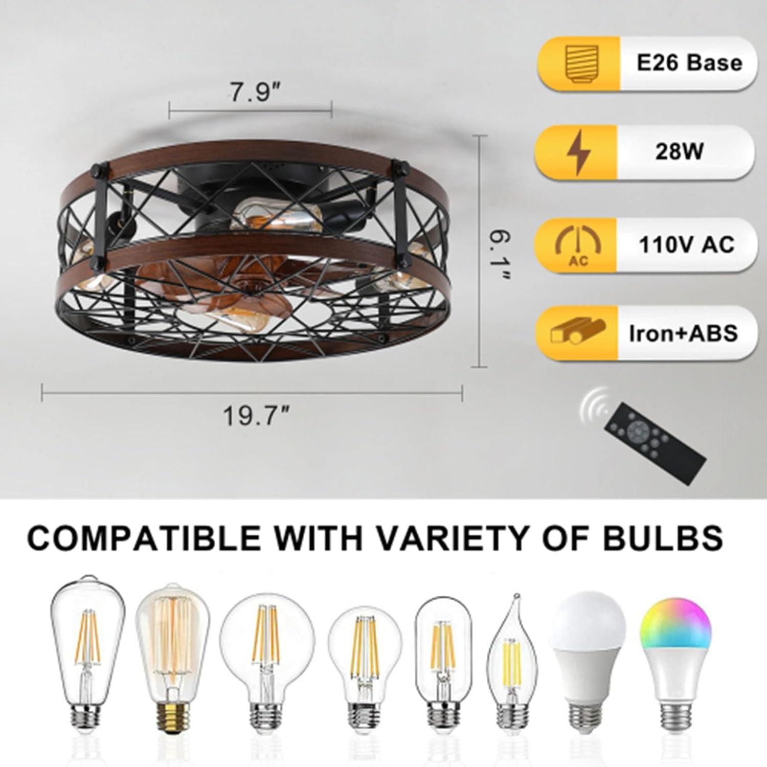 20" Industrial Cage Ceiling Fan with Lights and Remote