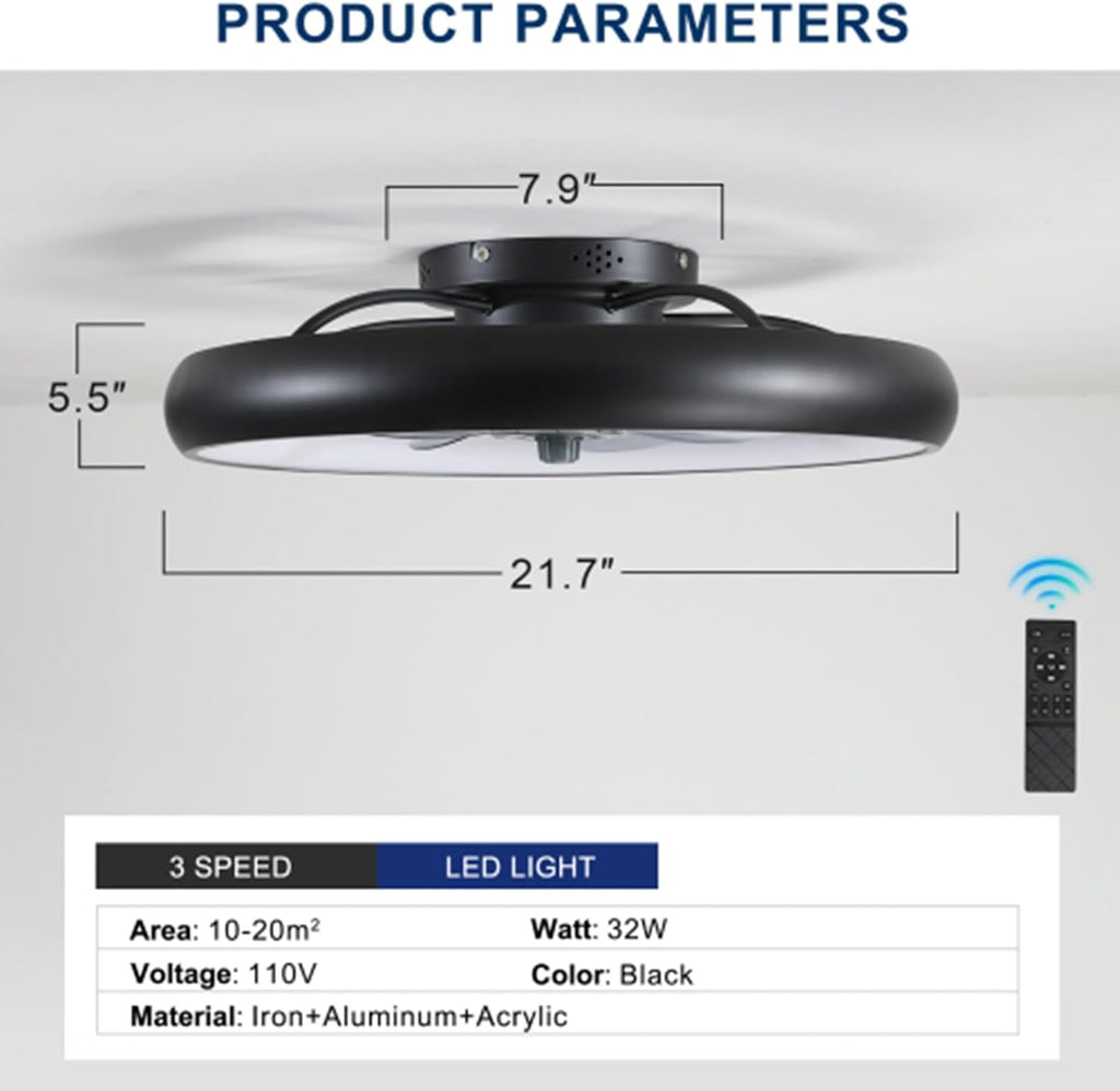 Farmhouse Black Ceiling Fans with Lights, 21.7" Flush Mount Ceiling Fan with Remote & APP Control
