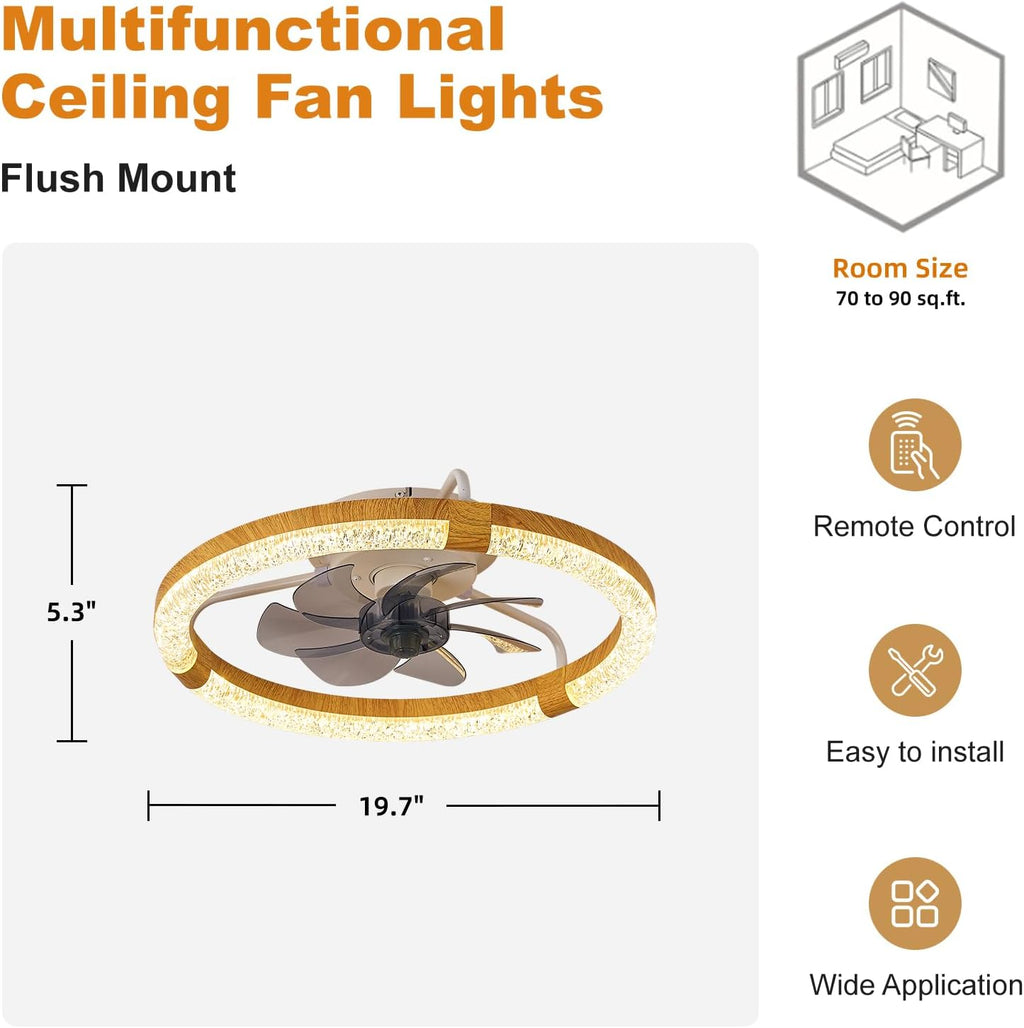 19.7 Inches Low Profile Ceiling Fan, Dimmable LED Ceiling Fans with Lights and Remote Timing and 6 Wind Speeds