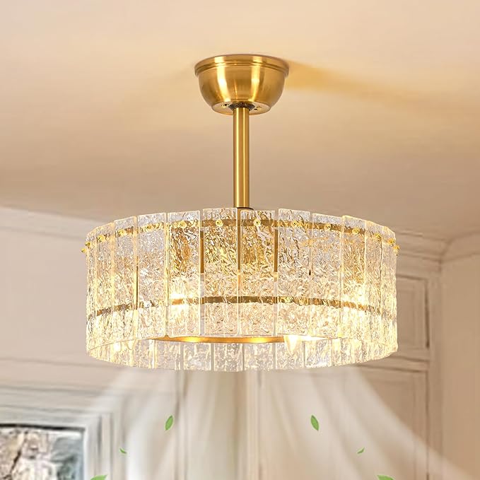 Gold Fandelier Caged Ceiling Fans with Lights, 20" Modern Crystal Chandelier Ceiling Fan