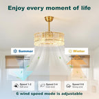 Gold Fandelier Caged Ceiling Fans with Lights, 20" Modern Crystal Chandelier Ceiling Fan
