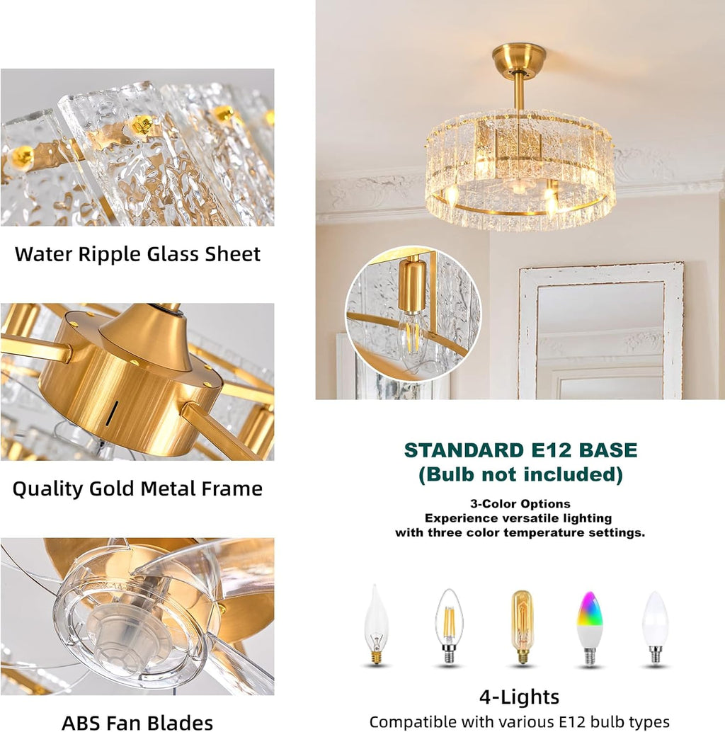 Gold Fandelier Caged Ceiling Fans with Lights, 20" Modern Crystal Chandelier Ceiling Fan