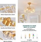 Gold Fandelier Caged Ceiling Fans with Lights, 20" Modern Crystal Chandelier Ceiling Fan