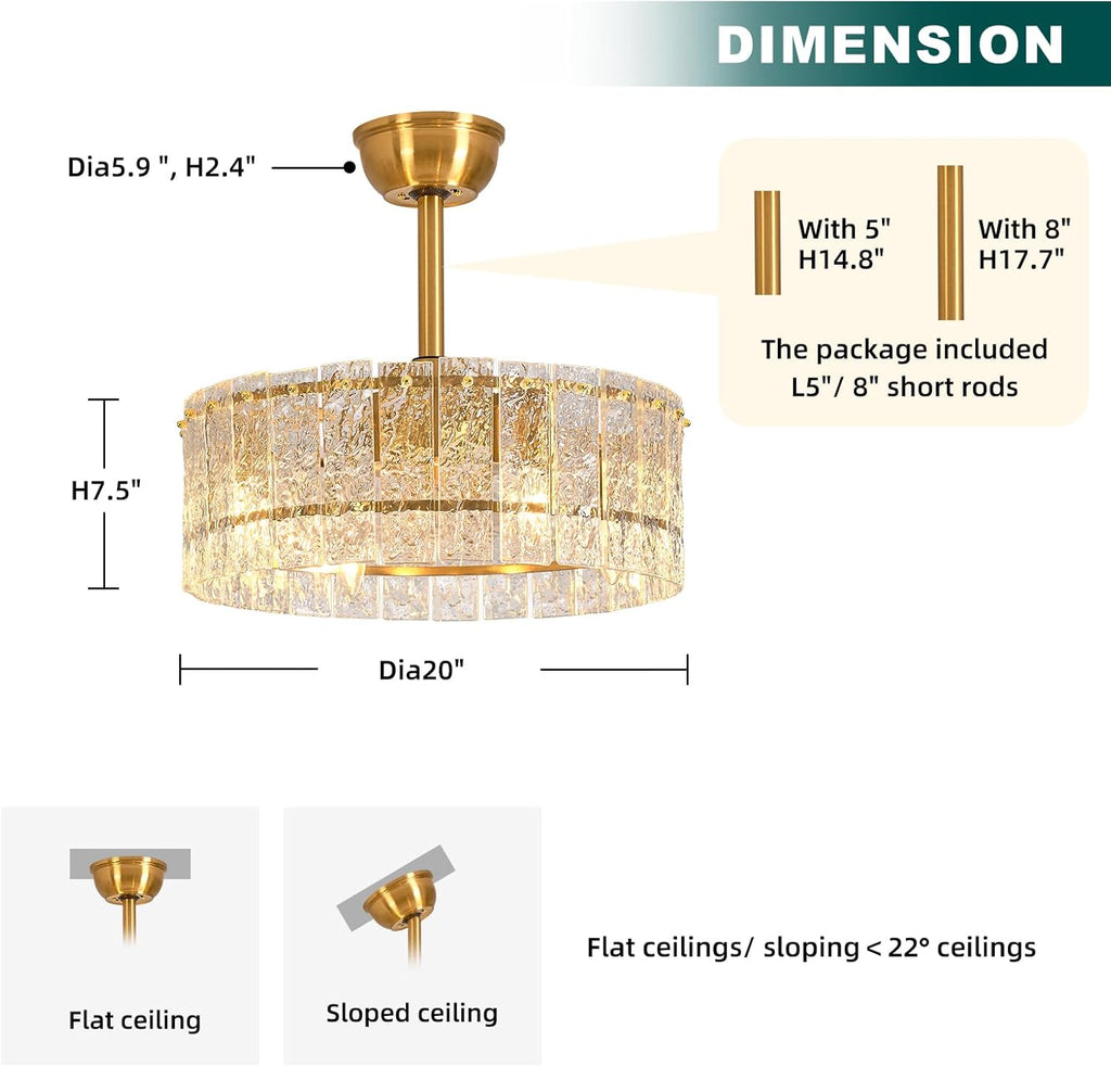 Gold Fandelier Caged Ceiling Fans with Lights, 20" Modern Crystal Chandelier Ceiling Fan