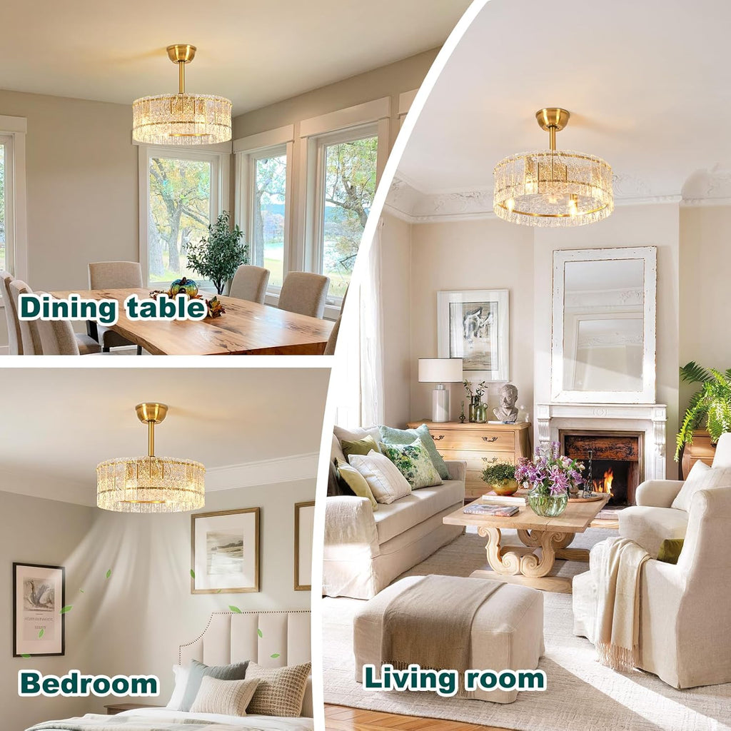Gold Fandelier Caged Ceiling Fans with Lights, 20" Modern Crystal Chandelier Ceiling Fan