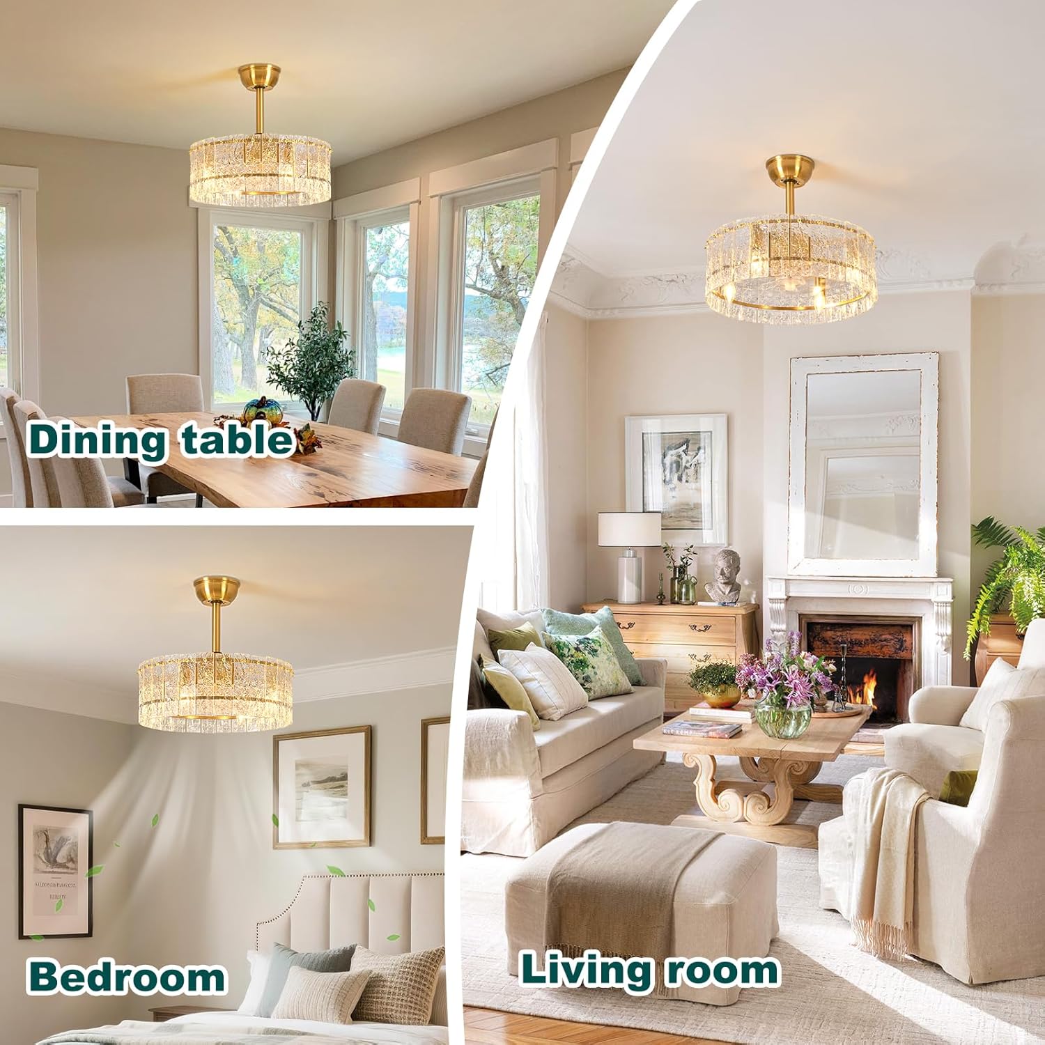 Gold Fandelier Caged Ceiling Fans with Lights, 20" Modern Crystal Chandelier Ceiling Fan