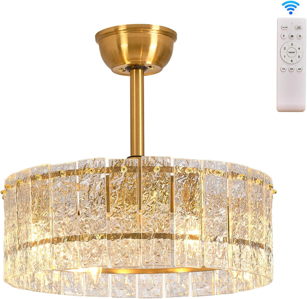 Gold Fandelier Caged Ceiling Fans with Lights, 20" Modern Crystal Chandelier Ceiling Fan