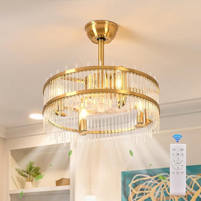 Gold Fandelier Caged Ceiling Fans with Lights, 20" Modern Crystal Chandelier Ceiling Fan