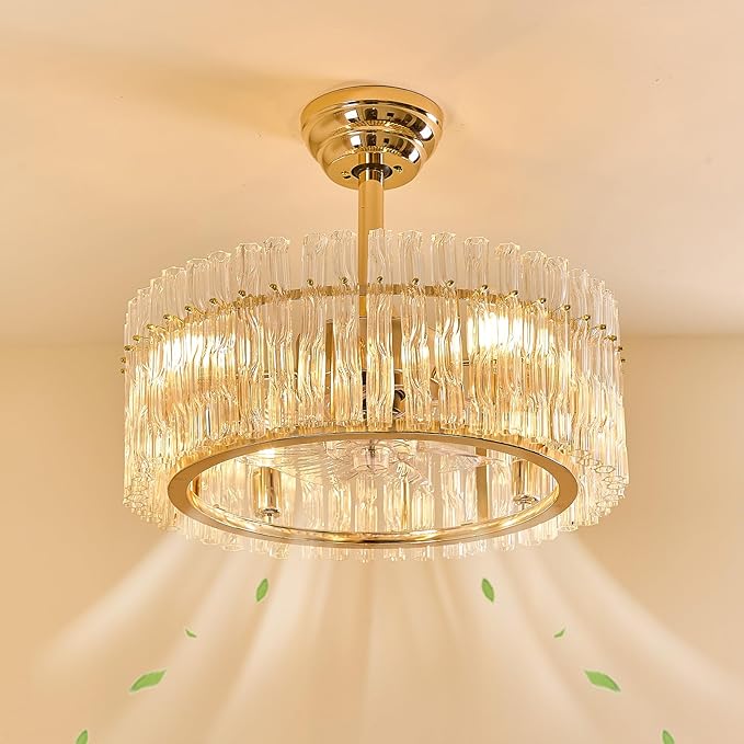 Gold Fandelier Caged Ceiling Fans with Lights, 20" Modern Crystal Chandelier Ceiling Fan