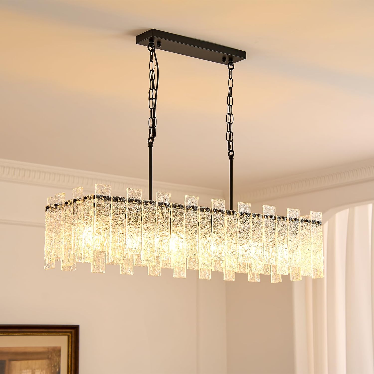 Modern Rectangle Black Crystal Chandeliers for Dining Room L39" Large Rectangular Water Ripple Glass Island Light Fixture