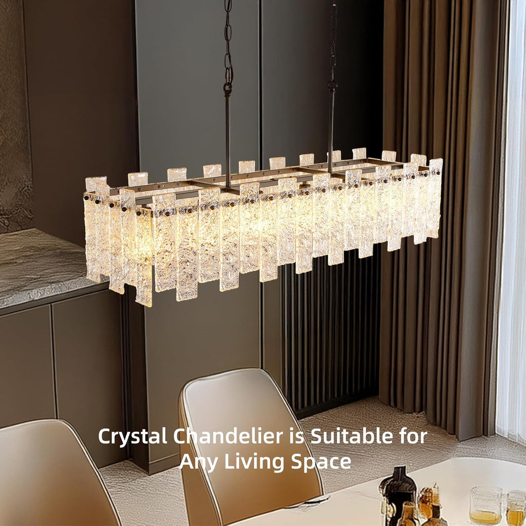 Modern Rectangle Black Crystal Chandeliers for Dining Room L39" Large Rectangular Water Ripple Glass Island Light Fixture