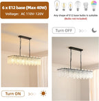 Modern Rectangle Black Crystal Chandeliers for Dining Room L39" Large Rectangular Water Ripple Glass Island Light Fixture