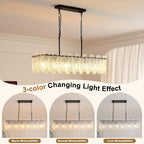 Modern Rectangle Black Crystal Chandeliers for Dining Room L39" Large Rectangular Water Ripple Glass Island Light Fixture