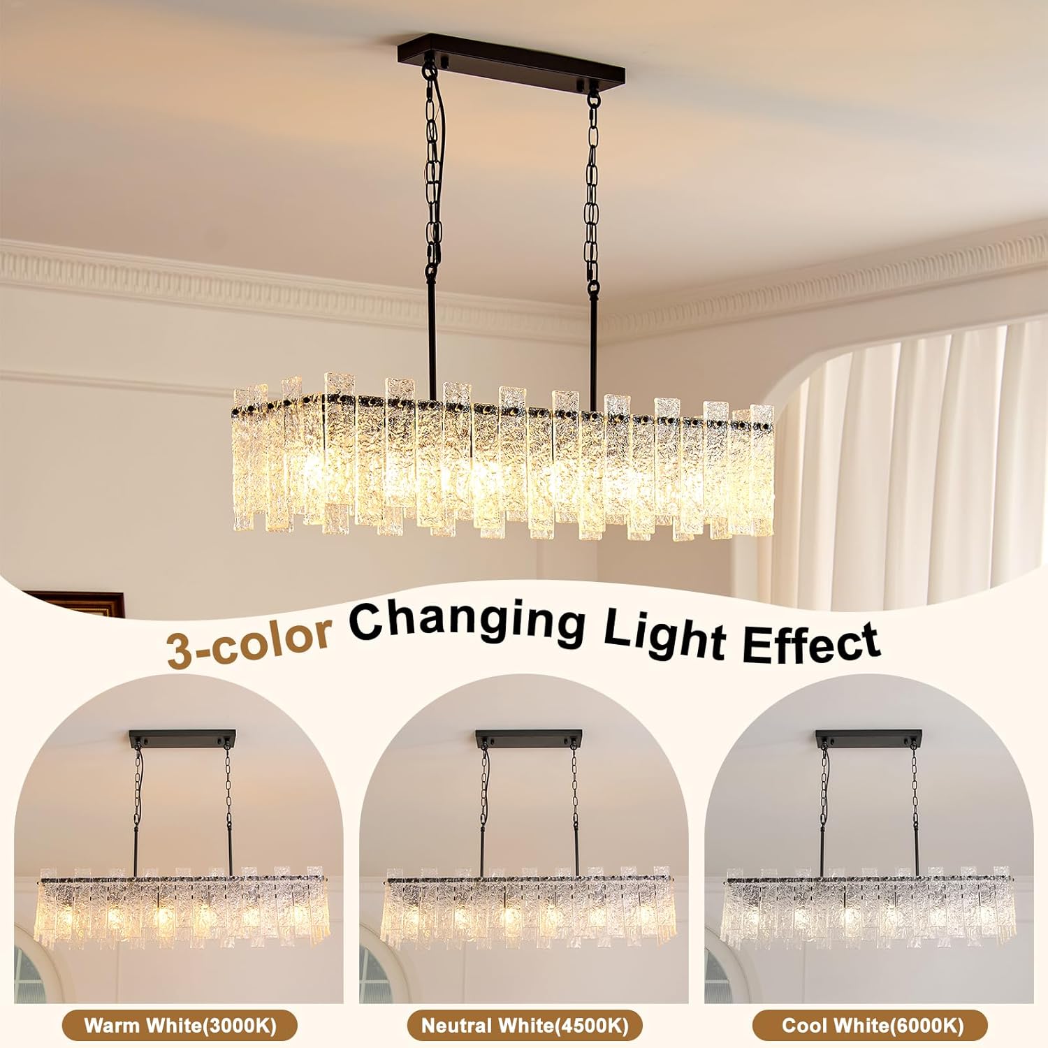 Modern Rectangle Black Crystal Chandeliers for Dining Room L39" Large Rectangular Water Ripple Glass Island Light Fixture