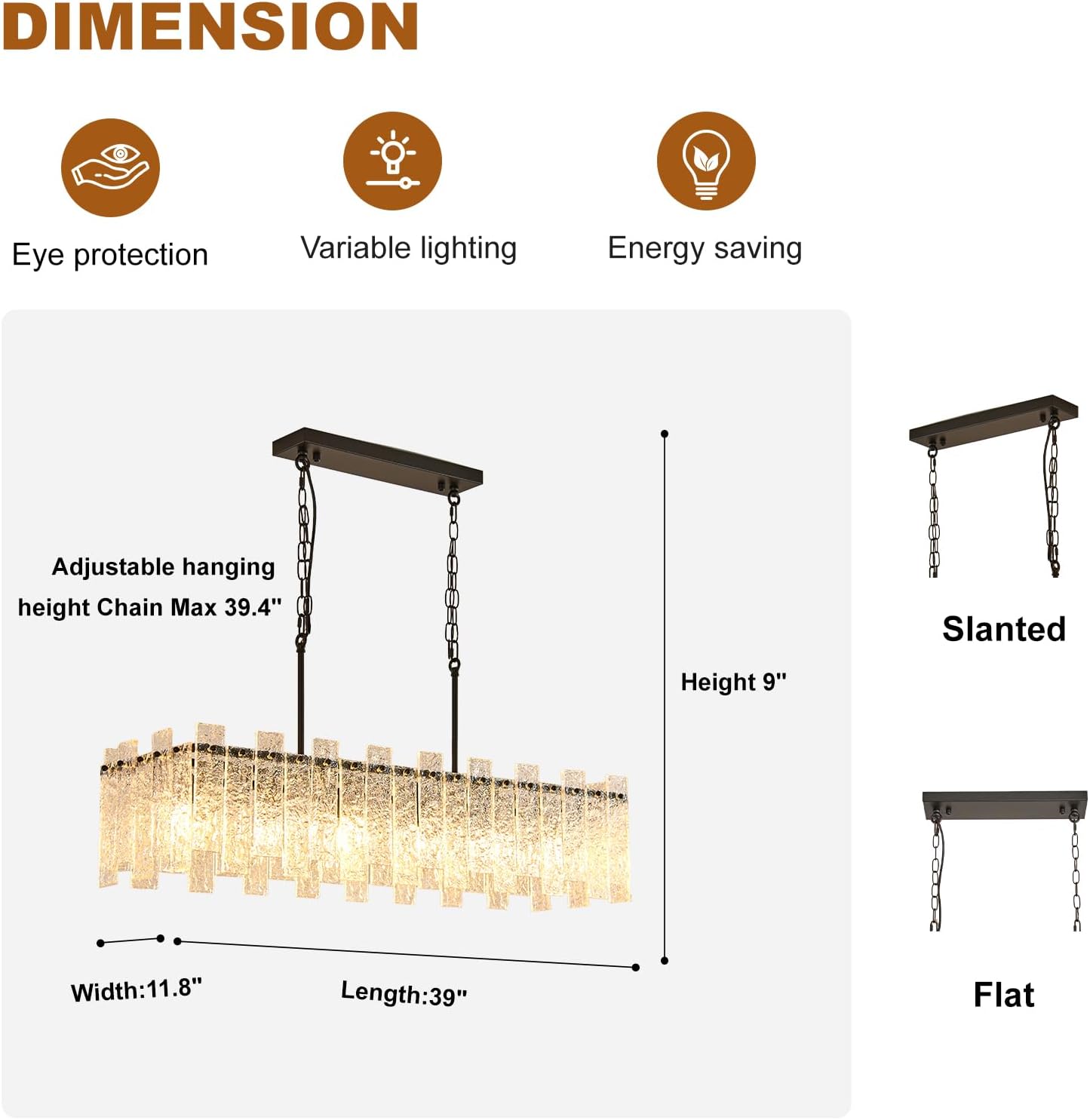 Modern Rectangle Black Crystal Chandeliers for Dining Room L39" Large Rectangular Water Ripple Glass Island Light Fixture