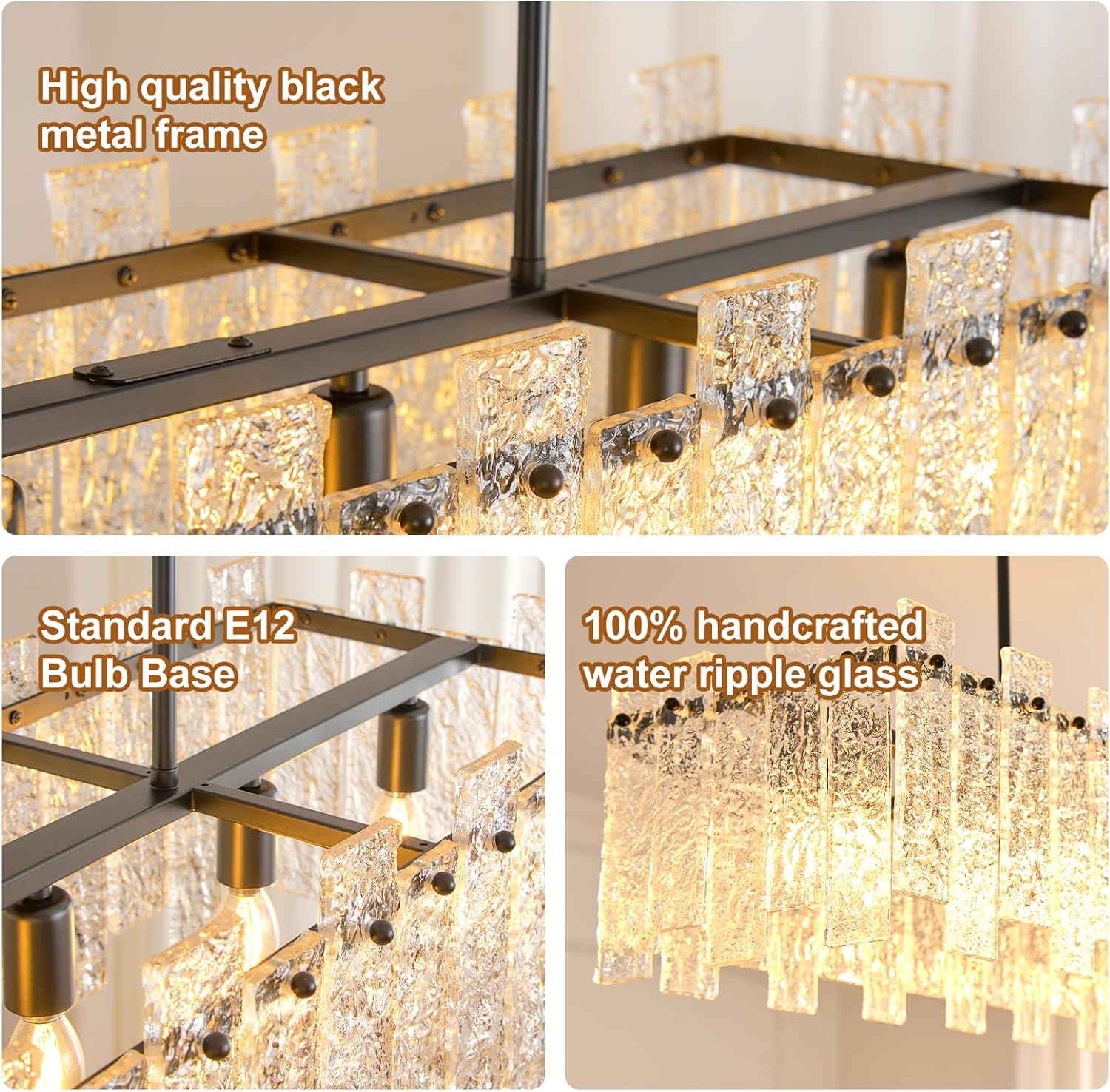 Modern Rectangle Black Crystal Chandeliers for Dining Room L39" Large Rectangular Water Ripple Glass Island Light Fixture