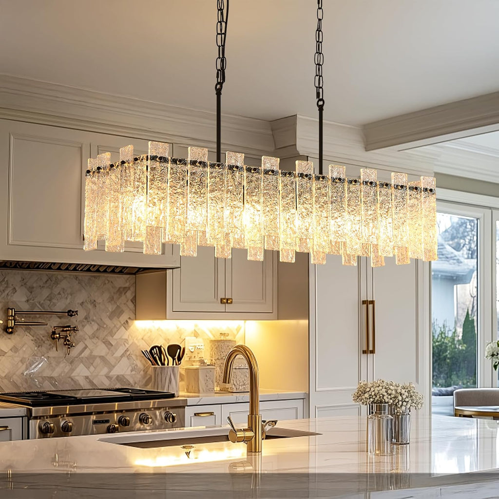 Modern Rectangle Black Crystal Chandeliers for Dining Room L39" Large Rectangular Water Ripple Glass Island Light Fixture