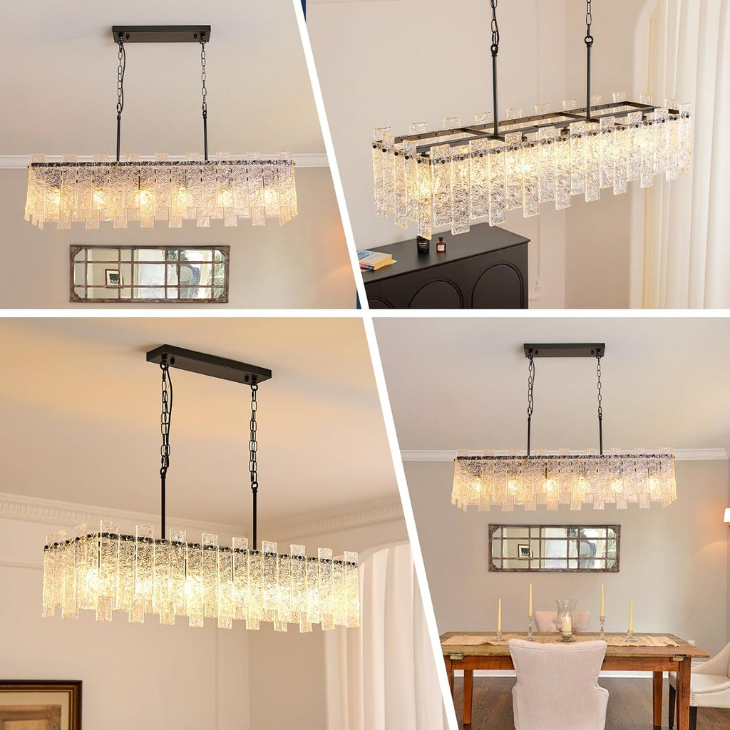 Modern Rectangle Black Crystal Chandeliers for Dining Room L39" Large Rectangular Water Ripple Glass Island Light Fixture