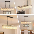 Modern Rectangle Black Crystal Chandeliers for Dining Room L39" Large Rectangular Water Ripple Glass Island Light Fixture