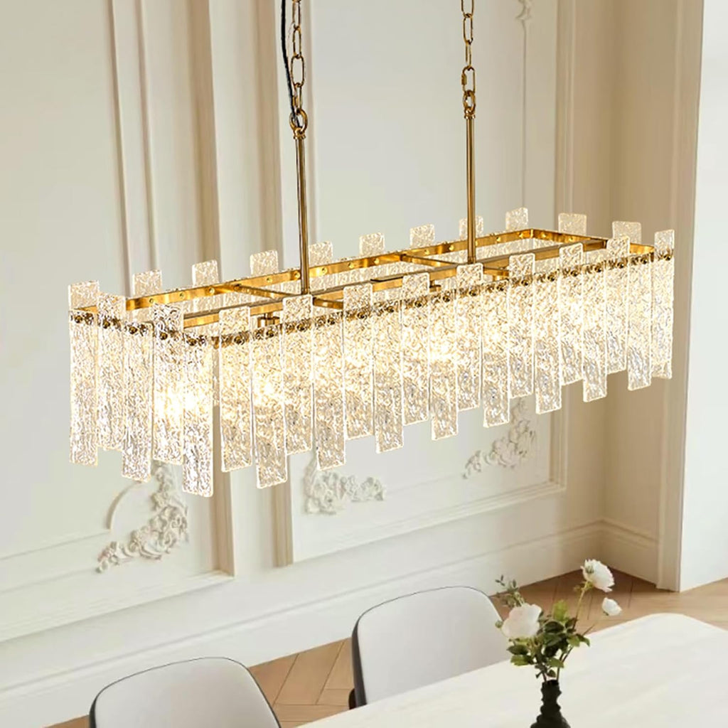 Modern Rectangle Black Crystal Chandeliers for Dining Room L39" Large Rectangular Water Ripple Glass Island Light Fixture