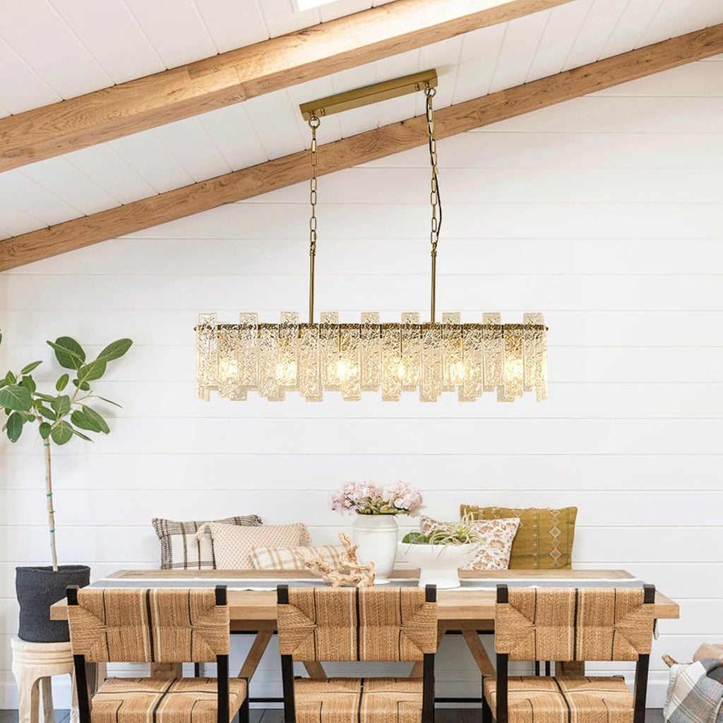 Modern Rectangle Black Crystal Chandeliers for Dining Room L39" Large Rectangular Water Ripple Glass Island Light Fixture