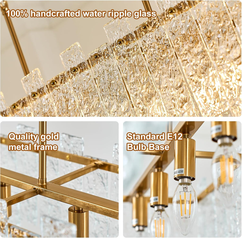 Modern Rectangle Black Crystal Chandeliers for Dining Room L39" Large Rectangular Water Ripple Glass Island Light Fixture