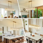 Modern Rectangle Black Crystal Chandeliers for Dining Room L39" Large Rectangular Water Ripple Glass Island Light Fixture
