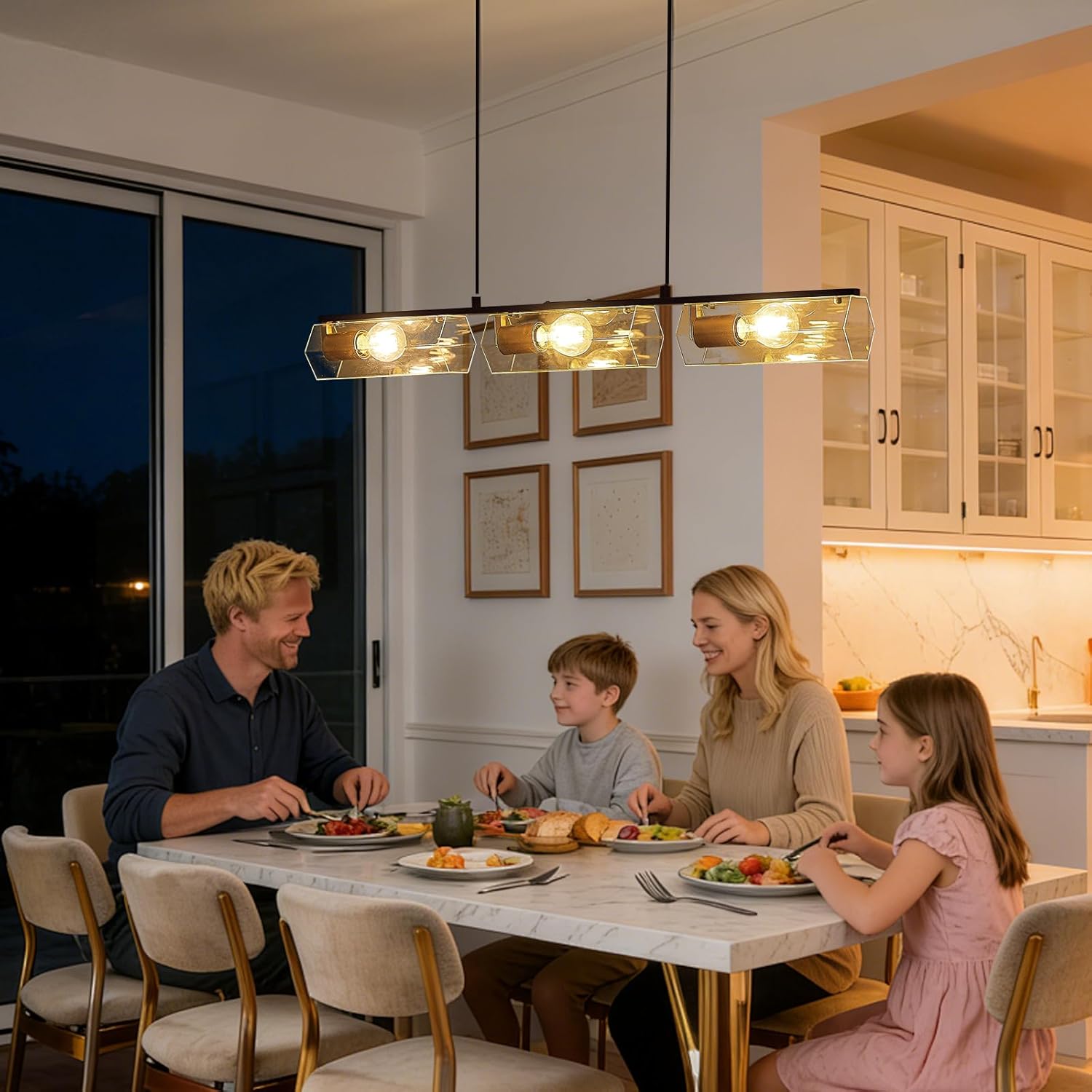 Modern Textured Linear Chandelier 3 Light Hanging Pendant Light