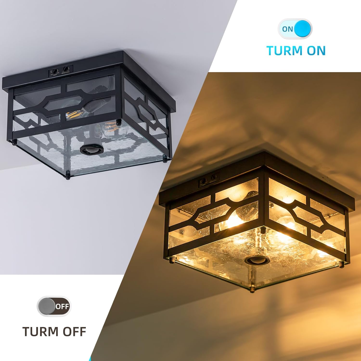 Outdoor Ceiling Light with Motion Sensor Flush Mount Squares Porch Light for Entryway Farmhouse Garage Front and Back Yards