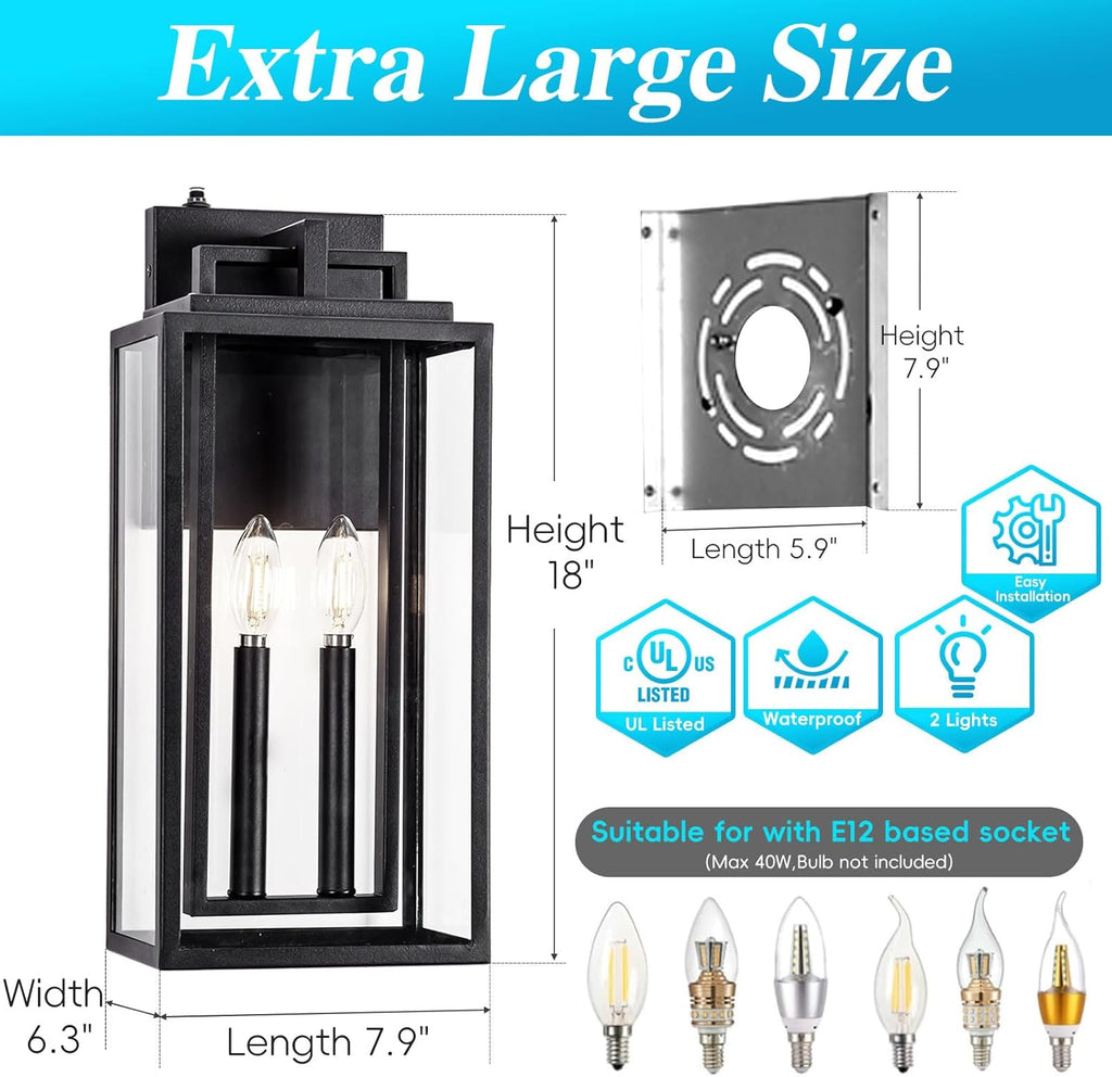 Dusk to Dawn Outdoor Wall Sconce Waterproof Wall Lantern 2-Lights Outside Modern Wall Mount Light