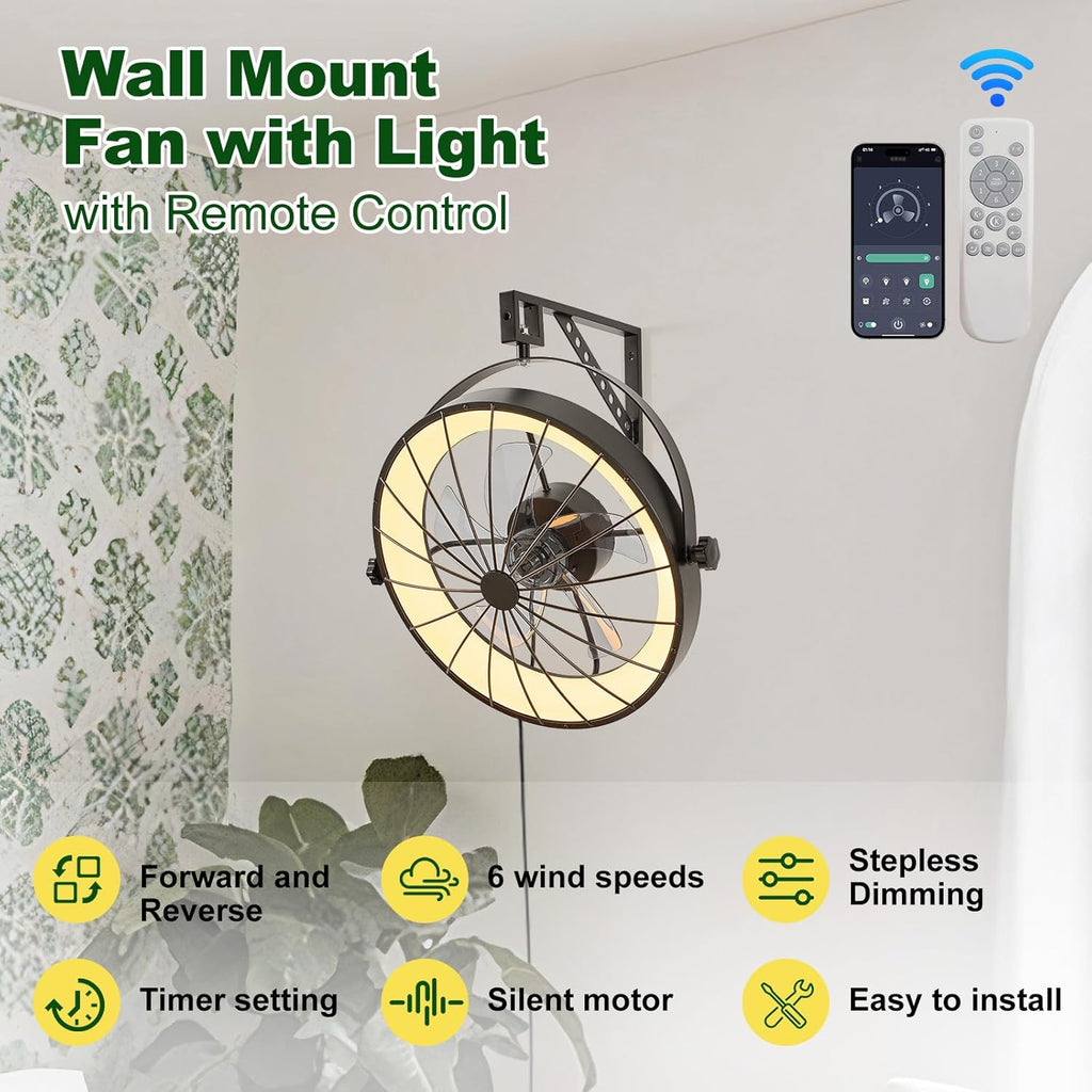 Wall Mount Fan with Remote App Control, 20" Quiet Wall Mounted Fans with Light 360° Adjustable