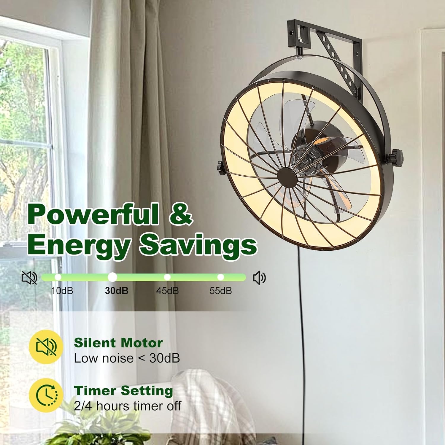 Wall Mount Fan with Remote App Control, 20" Quiet Wall Mounted Fans with Light 360° Adjustable