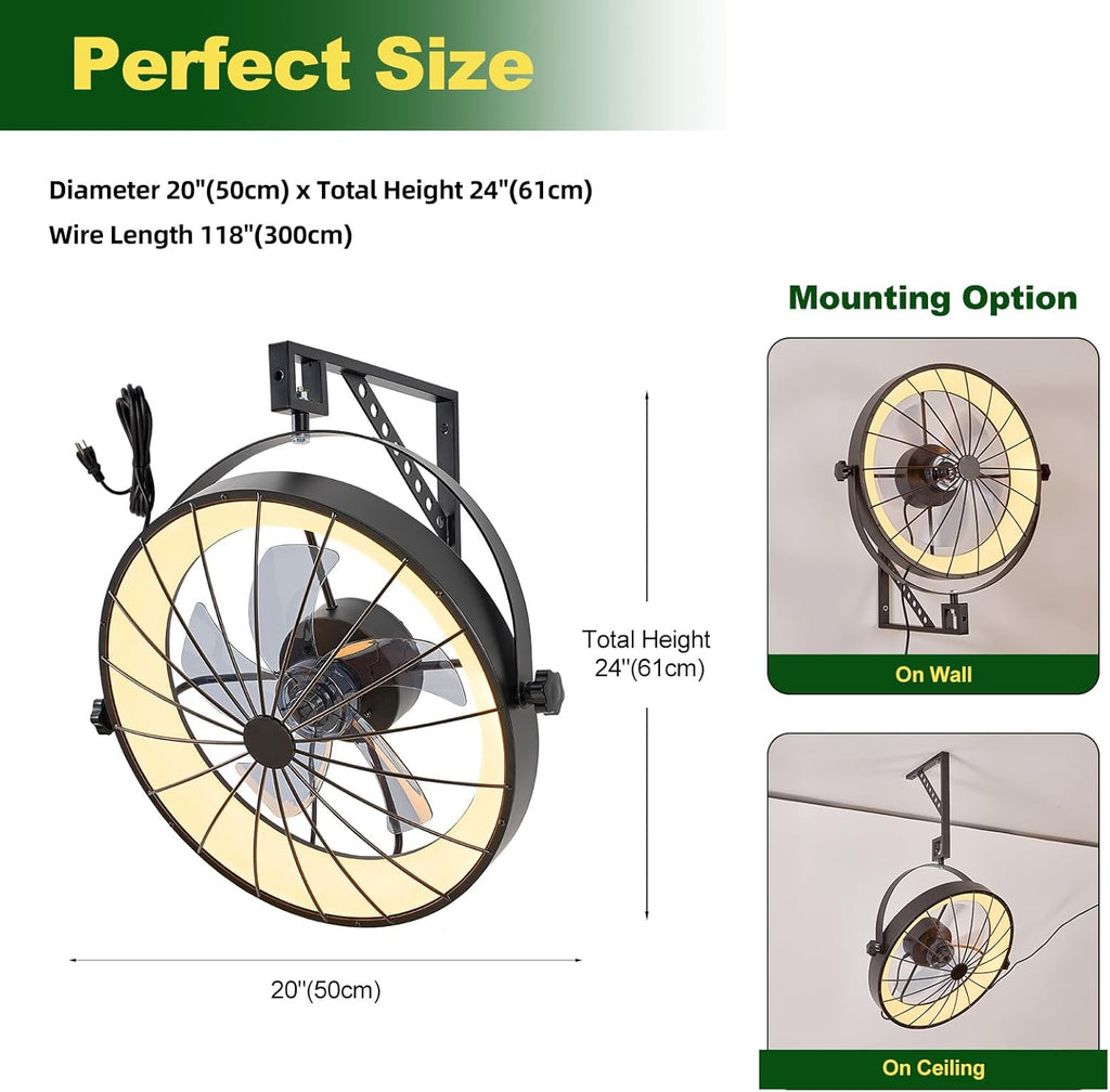 Wall Mount Fan with Remote App Control, 20" Quiet Wall Mounted Fans with Light 360° Adjustable