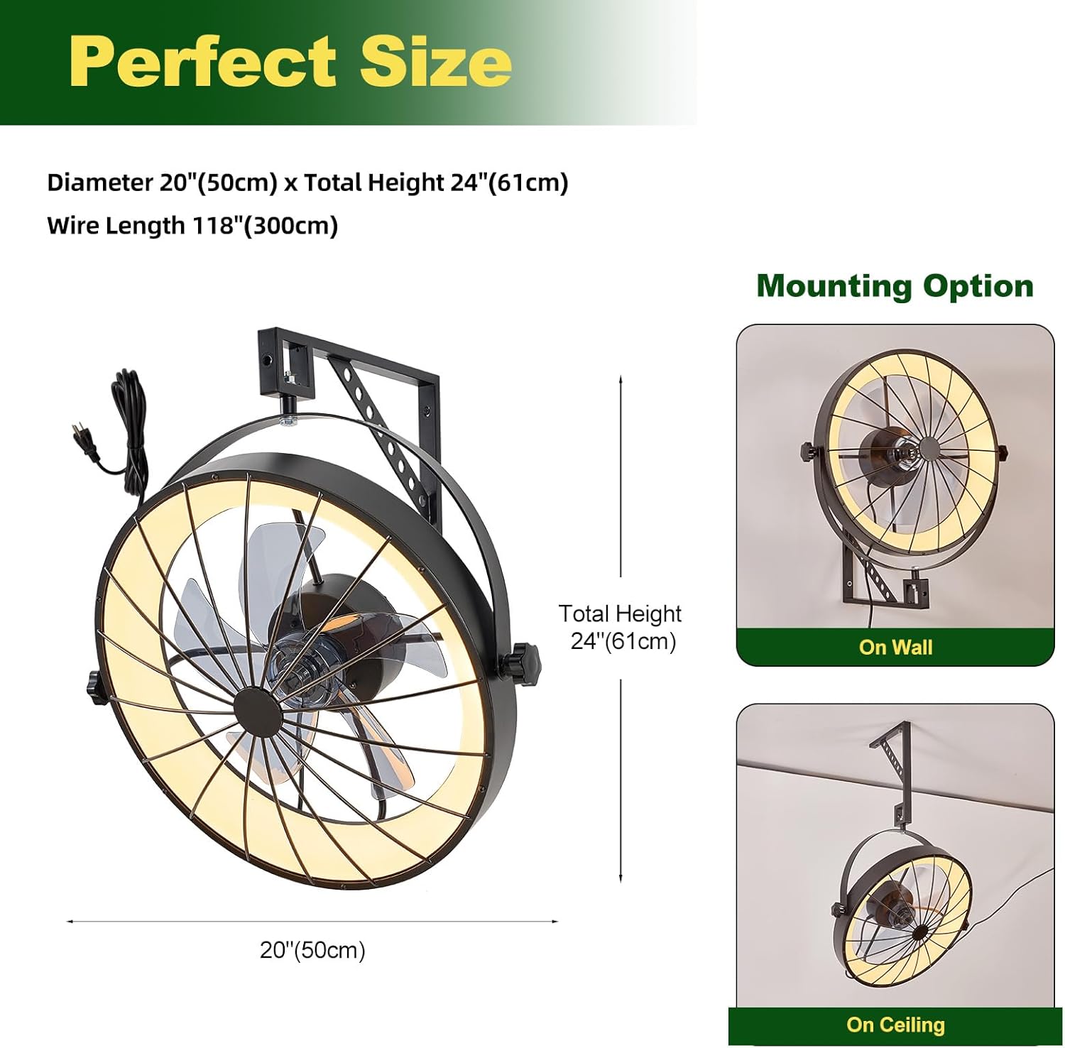 Wall Mount Fan with Remote App Control, 20" Quiet Wall Mounted Fans with Light 360° Adjustable
