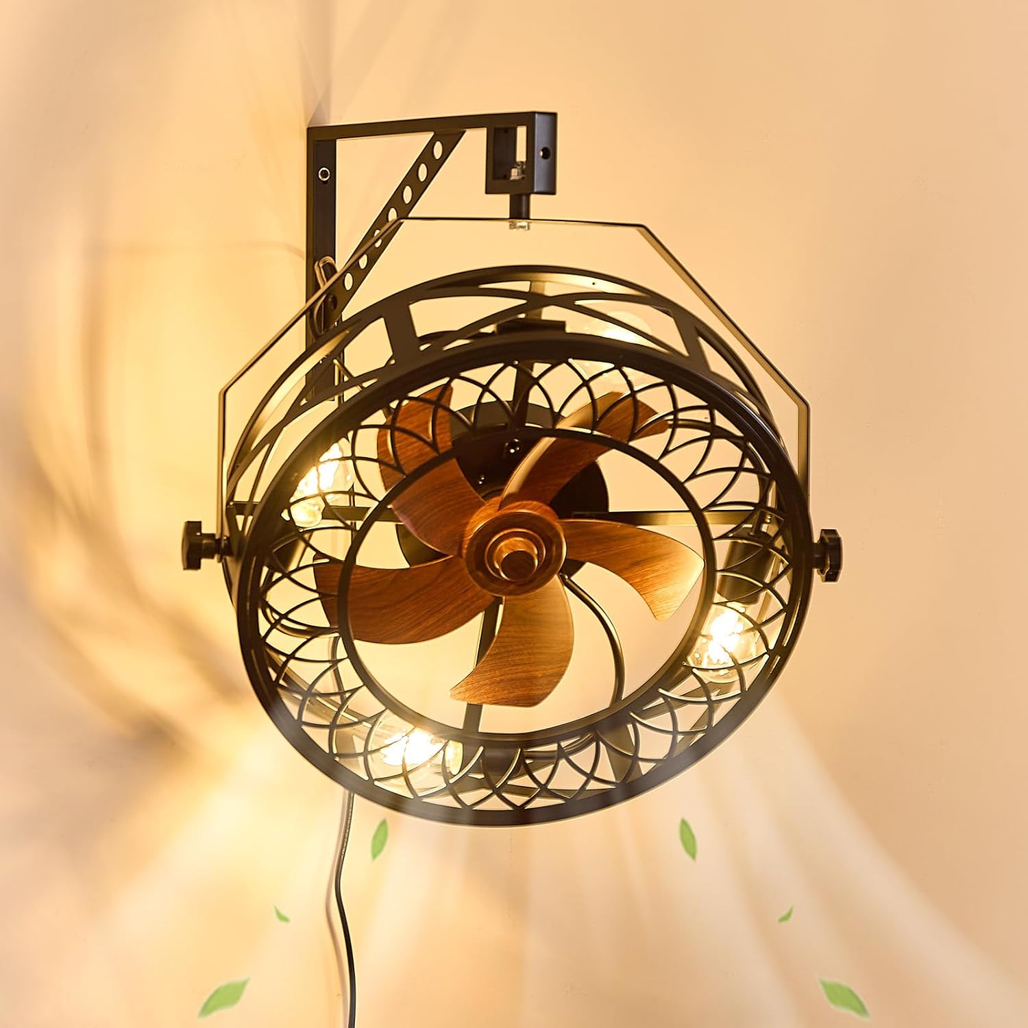 20" Wall Mount Fan with Light and Remote, Ceiling Fan Light with Plug in Cord 6 Speed 360° Adjustable Tilt Indoor Wall Hanging Fan