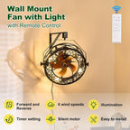 20" Wall Mount Fan with Light and Remote, Ceiling Fan Light with Plug in Cord 6 Speed 360° Adjustable Tilt Indoor Wall Hanging Fan