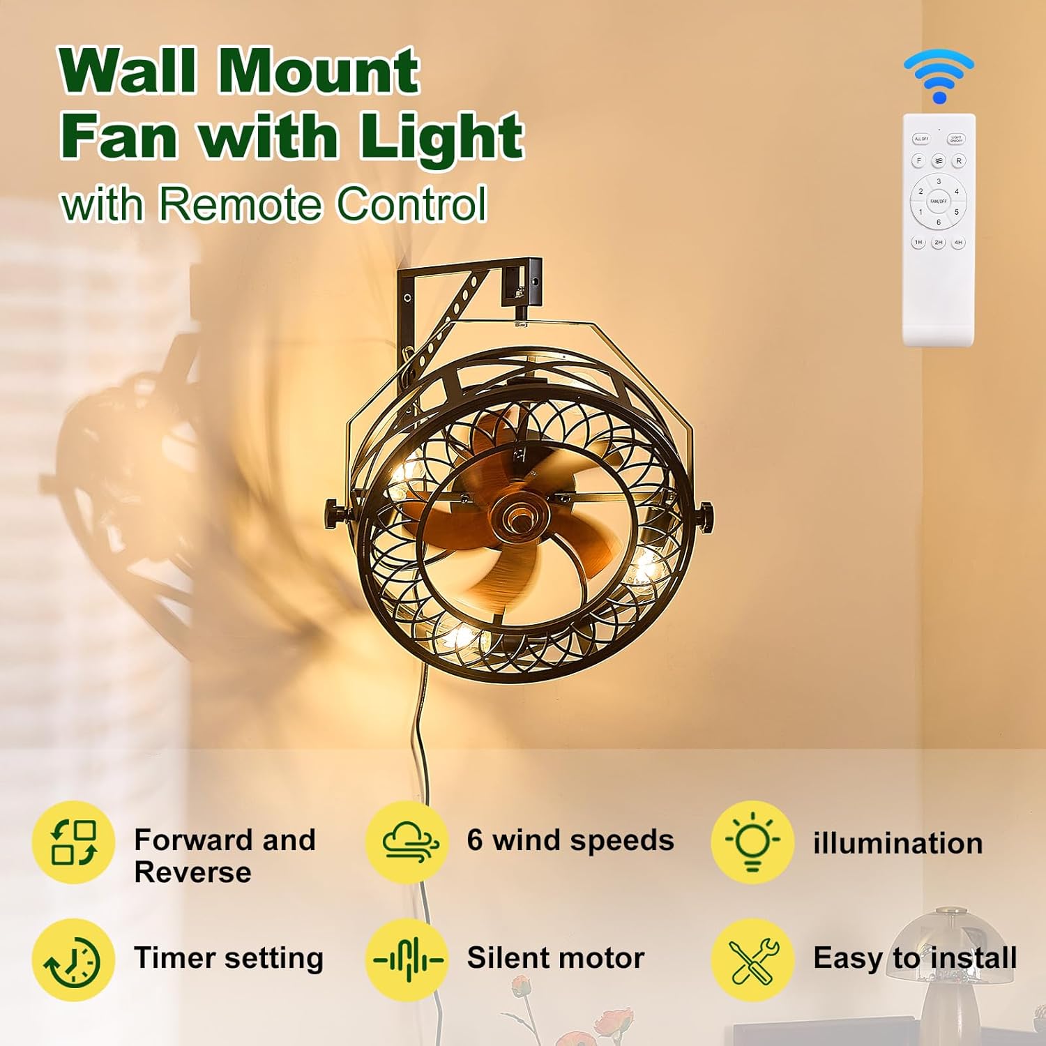 20" Wall Mount Fan with Light and Remote, Ceiling Fan Light with Plug in Cord 6 Speed 360° Adjustable Tilt Indoor Wall Hanging Fan