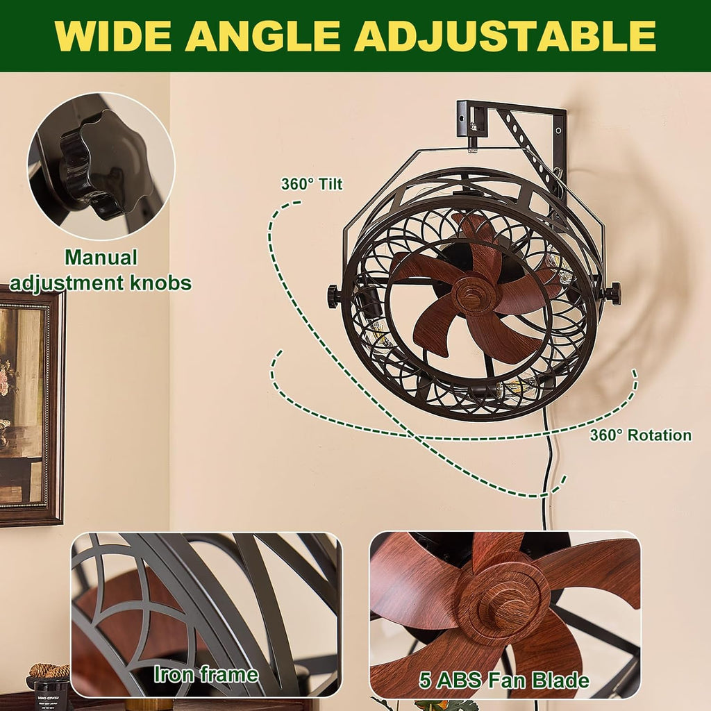20" Wall Mount Fan with Light and Remote, Ceiling Fan Light with Plug in Cord 6 Speed 360° Adjustable Tilt Indoor Wall Hanging Fan