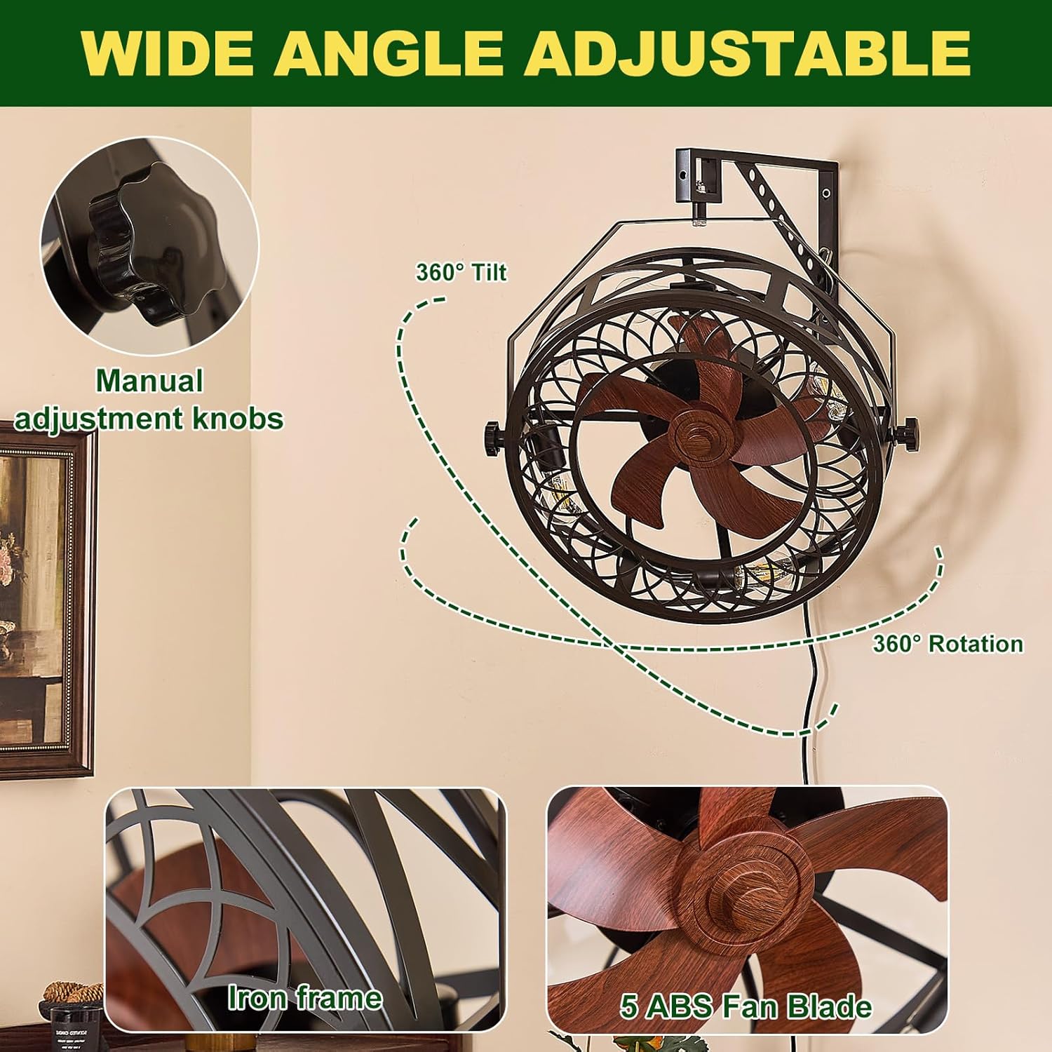 20" Wall Mount Fan with Light and Remote, Ceiling Fan Light with Plug in Cord 6 Speed 360° Adjustable Tilt Indoor Wall Hanging Fan