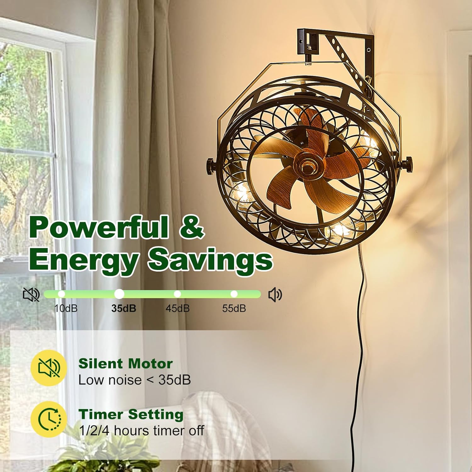 20" Wall Mount Fan with Light and Remote, Ceiling Fan Light with Plug in Cord 6 Speed 360° Adjustable Tilt Indoor Wall Hanging Fan